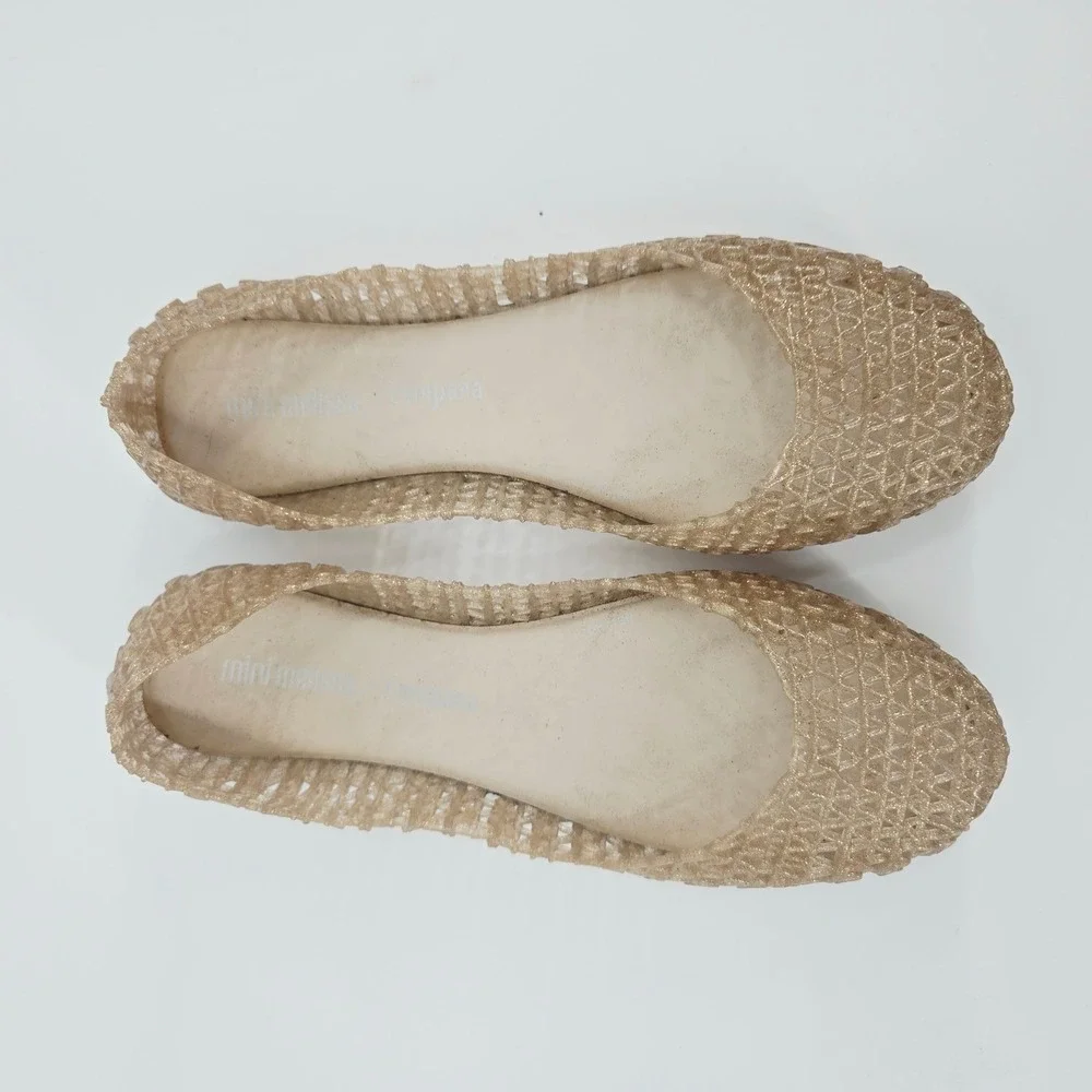 Mini Melissa Campana Papel Gold Glitter Ballet Flat Kids Size 3 EUC